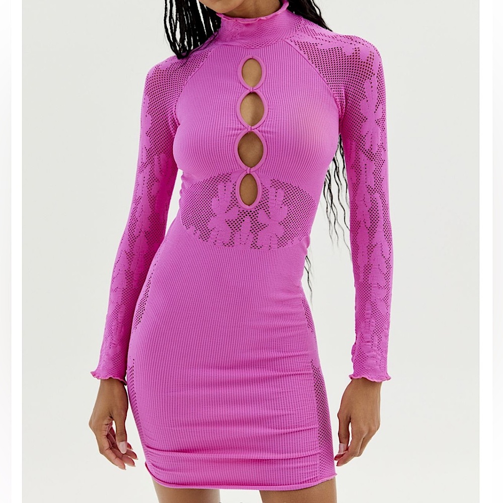 NWT UO Y2K Mesh Stretchy Seamless Cutout Mini Dress - Barbiecore - Size XS/S
